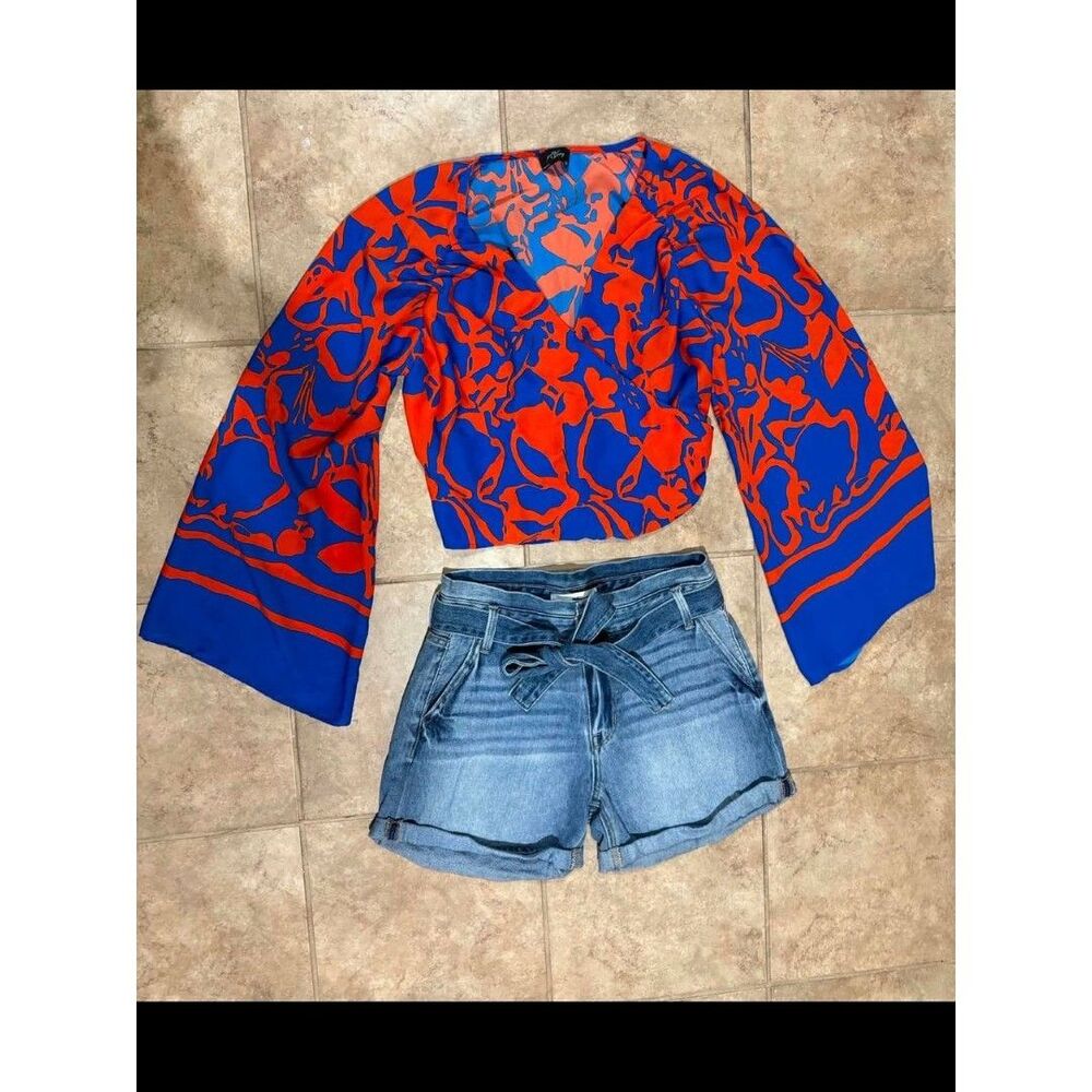 Women's Blue & Orange V-Neck Wrap Top with Bell Sleeves